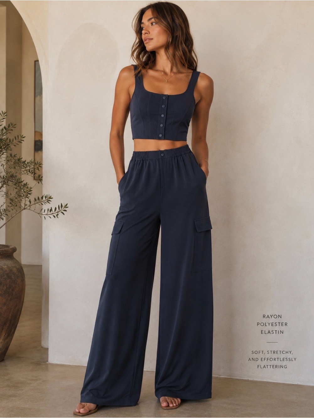 Navy Wide Leg Cargo Pant & Matching Corset Top